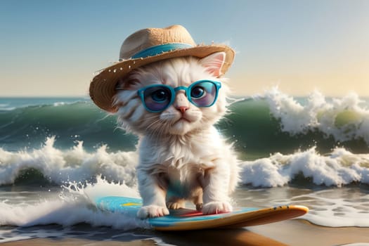 cute kitten surfing at sea, summer holiday .