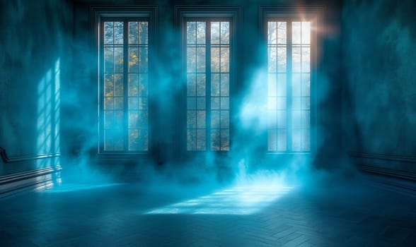 A room releasing large amounts of blue smoke from its windows.
