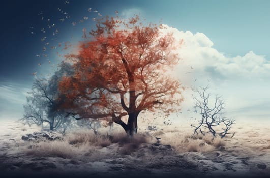 Painting of a tree standing in the middle of a barren desert.