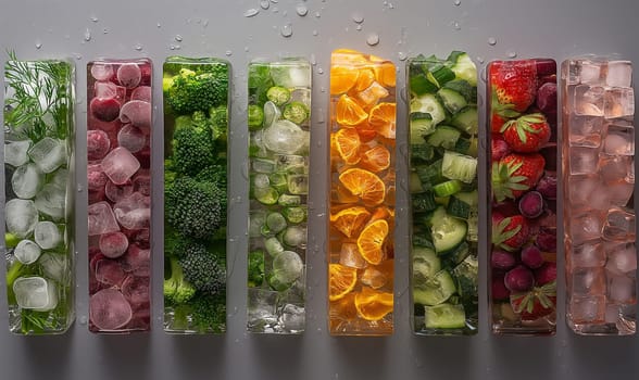 Variety of colorful food items chilled with ice