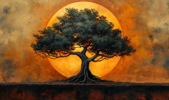 A solitary tree silhouetted by a large sunset.