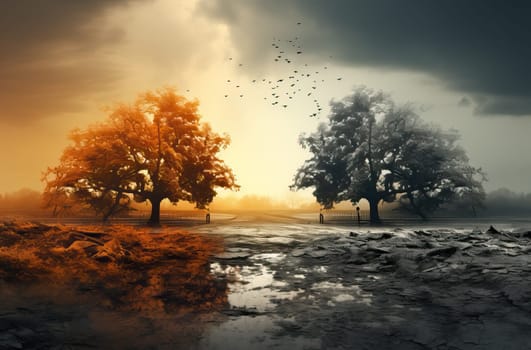 Painting of trees standing tall in a field.