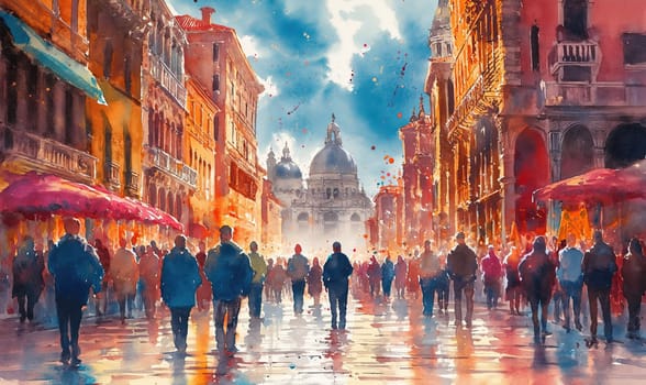 Painting depicting a group of individuals walking along a busy city street.