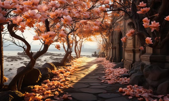 Painting of a tree-lined street running alongside a body of water.