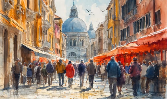 A painting depicting a crowd of people moving down a busy urban street.