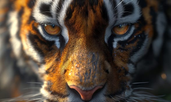 Close-up of a tigers face with a blurred background.