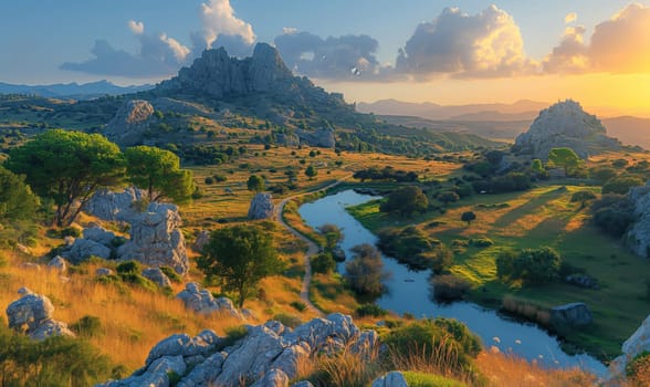 A stunning landscape featuring a river flowing through lush greenery and mountains.