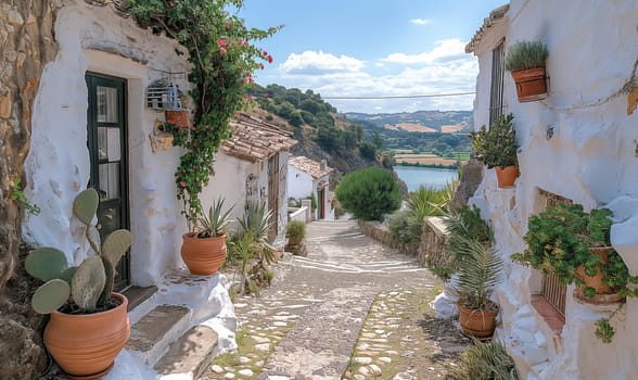 Cobblestone path lined with potted plants leading to a river.