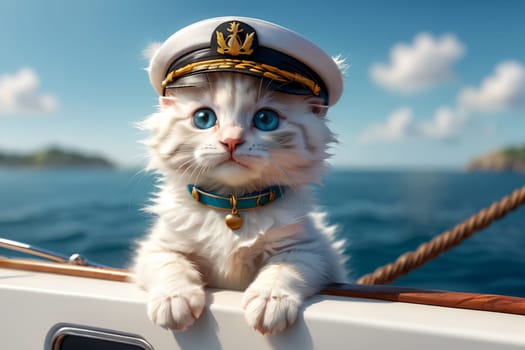 cute kitten captain of a ship at sea, summer vacation .