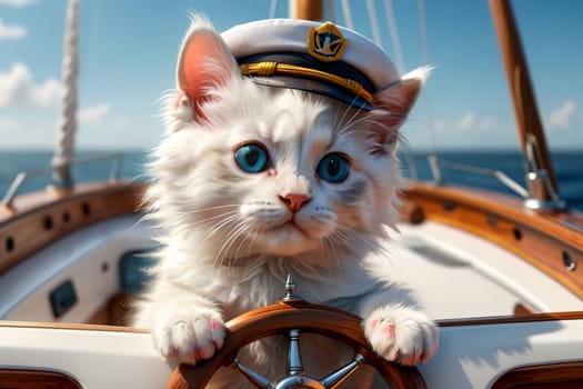 cute kitten captain of a ship at sea, summer vacation .