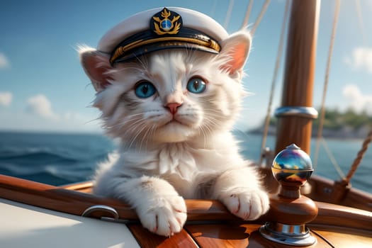 cute kitten captain of a ship at sea, summer vacation .