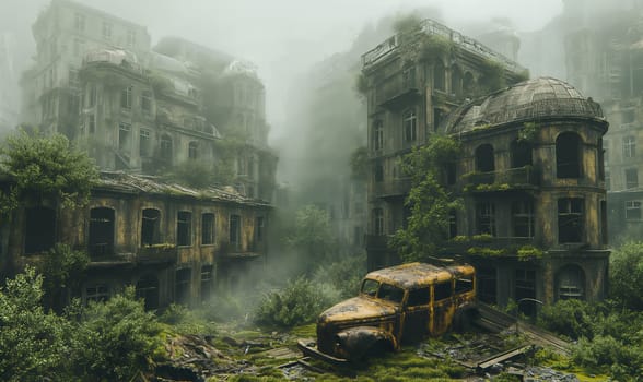 A bus stranded in the midst of a dense forest.