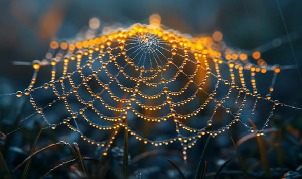 Detailed view of spider web covered in dew droplets.