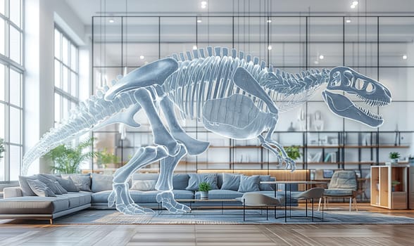 Holographic T-Rex towering over a chic interior.