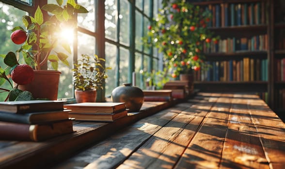 Wooden table with books placed next to window.