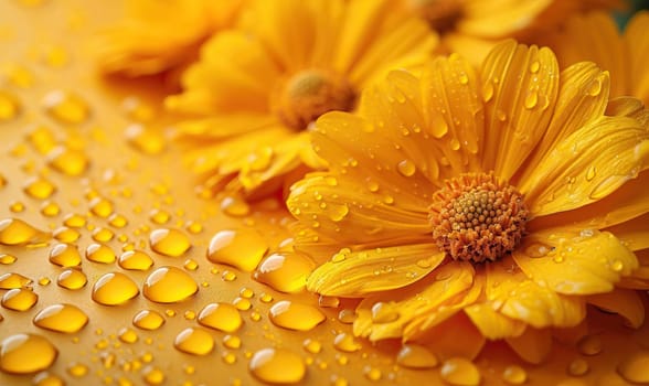 Vibrant yellow flowers covered in water droplets glisten under the sunlight.