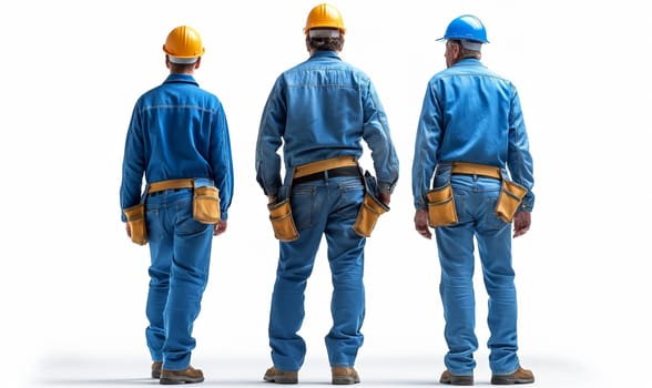 Men wearing blue work clothes standing together.