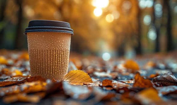 A coffee cup placed on top of a bed of fallen leaves in nature.