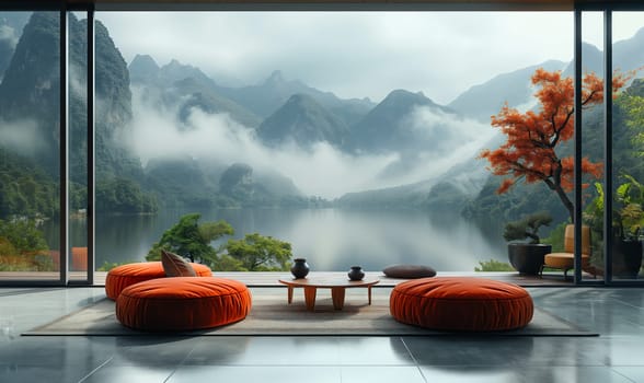 A living room filled with furniture and a large window.