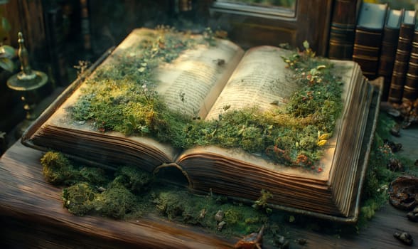 An open book covered in moss, with green growth protruding from its pages.