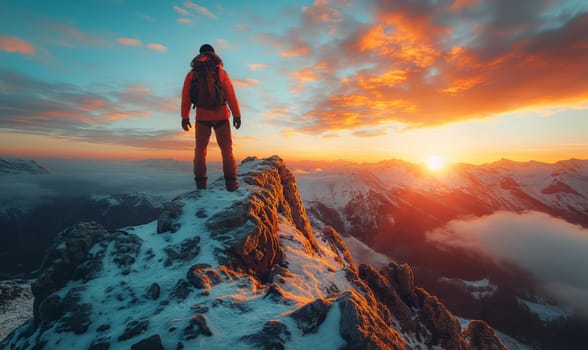 A man stands on the peak of a snowy mountain, surrounded by white landscape.