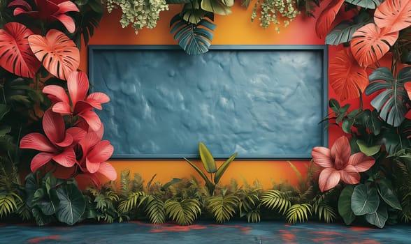A vibrant painting featuring tropical flowers and lush green plants.