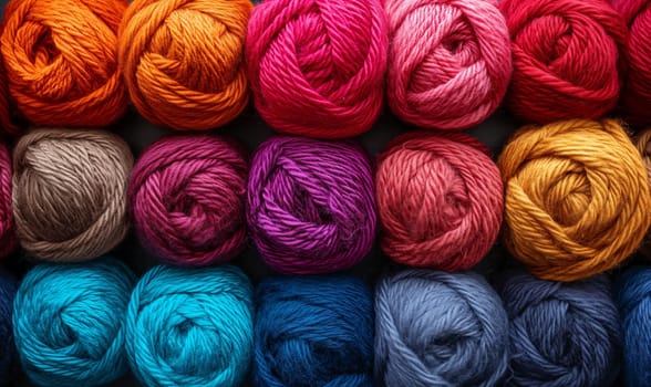 Rows of vibrant yarn balls for crafts.