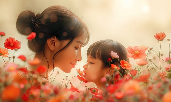 A mother and daughter standing in a beautiful field of colorful flowers.