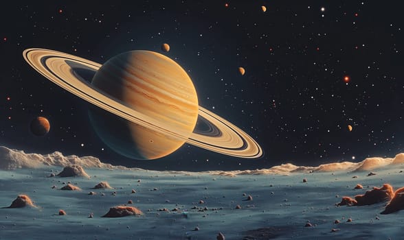 Saturn dominates the sky above a rocky exoplanet.