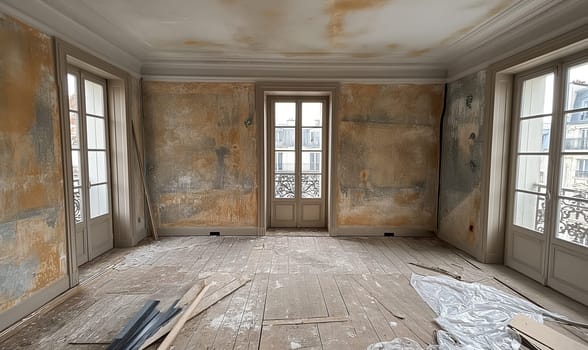 Vintage room undergoing renovation with a view.