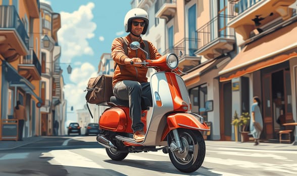 A man riding a red scooter through a city street.