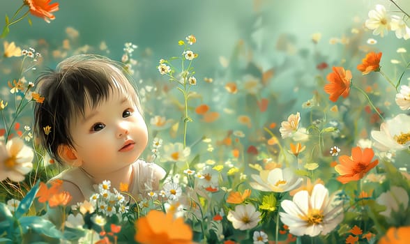 Toddler in a field of colorful spring flowers