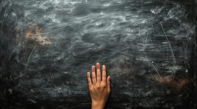 A persons hand resting on a dark abstract backdrop.