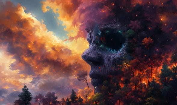Silhouette of a face merging with a vibrant forest sky.