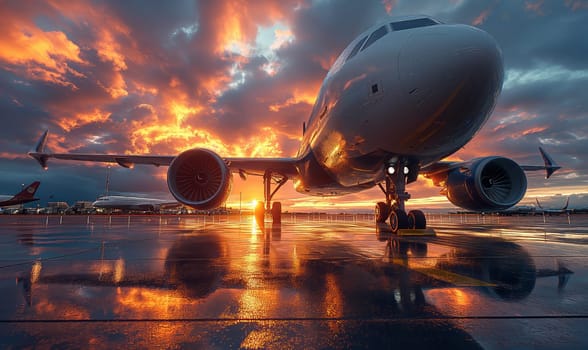 A commercial aircraft, jetliner, parked on airport tarmac.