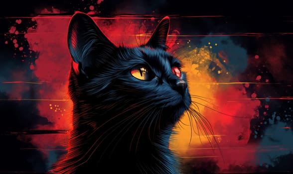 A painting of a black cat with striking yellow eyes.