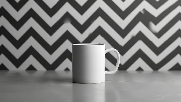 A modern mug placed on a smooth, monochrome surface with a geometric pattern backdrop, showcasing minimal style and clean lines.