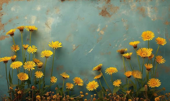 Bunch of yellow flowers against a blue wall.