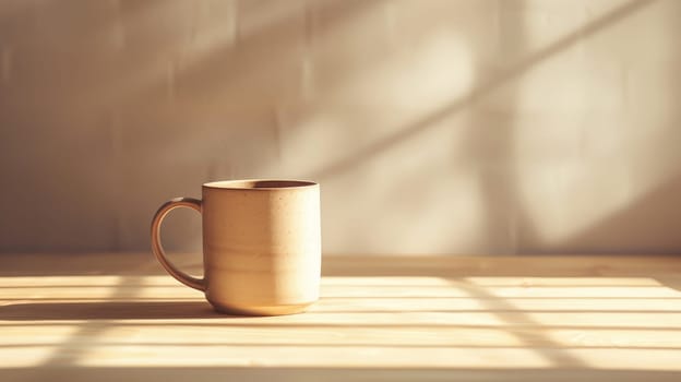Serene Minimalism - Plain Ceramic Mug on Light Wood Surface with Natural Light and Soft Shadows..