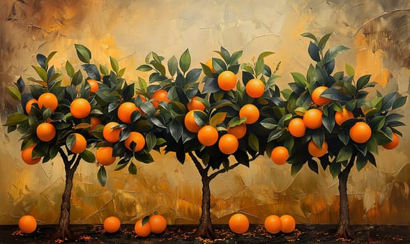 A painting depicting a cluster of orange trees.