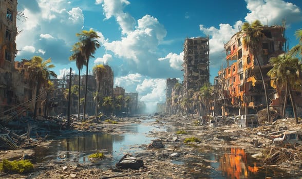 A painting depicting a city in ruins, scattered debris, and palm trees amidst destruction.