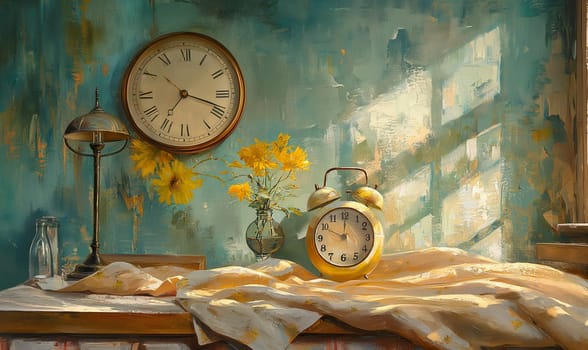 A painting featuring a table adorned with a vase of flowers and an alarm clock.