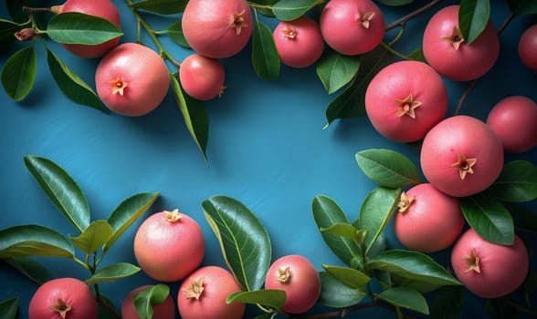 Pomegranates and green leaves on a blue surface