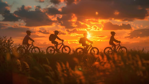 Family Fun: Parents and Children Cycling Together in a Golden Sunset - Joyful Summer Activity Filled with Love and Togetherness..