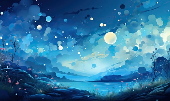Mystical twilight scenery with moon and sparkling lights.