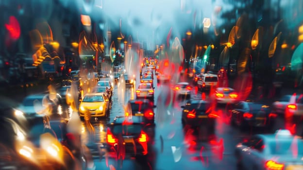 Blurred background of heavy traffic on a rainy day --ar 16:9 Job ID: 4d522bdf-bdec-4aed-992e-7cec3e912006