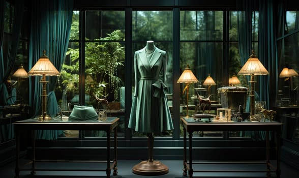 Many lamps illuminate a room with a dress displayed on a mannequin.