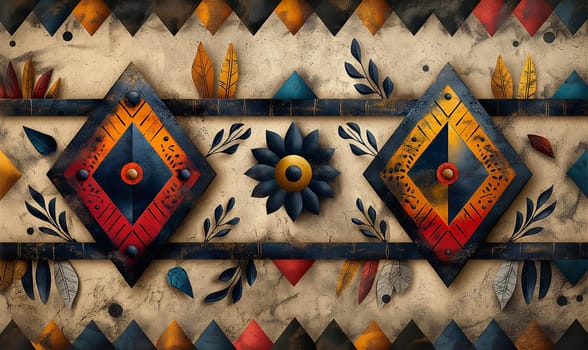 Tribal patterns and symbols with vibrant colors.