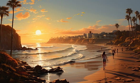 Group of individuals walking along beach during sunset.