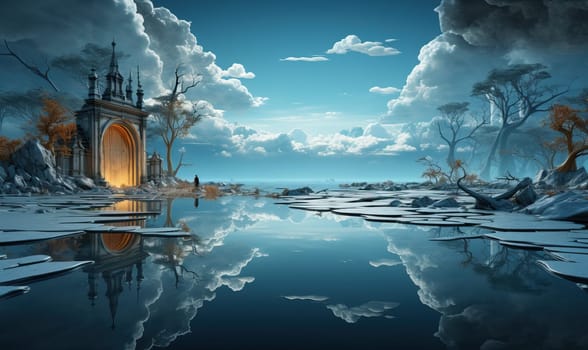 Surreal twilight landscape with luminous gate and trees.